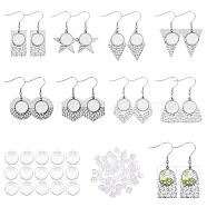 16Pcs 8 Style 304 Stainless Steel Earring Hooks, with Flat Round Settings & 50Pcs Plastic Ear Nuts & 16Pcs Glass Cabochons, Hexagon & Triangle & Rectangle & Star & Rhombus, Stainless Steel Color, Tray: 12mm, 39.5~47mm, 20 Gauge, Pin: 0.8mm, 2Pcs/style(STAS-CA0001-84)