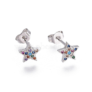 Brass Micro Pave Cubic Zirconia Stud Earrings, with Brass Ear Nuts, Star, Colorful, Platinum, 7x7.5mm, Pin: 0.7mm(EJEW-F201-05P)