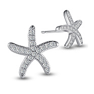 SHEGRACE Delicate Rhodium Plated 925 Sterling Silver Ear Studs, Micro Pave AAA Cubic Zirconia Starfish/Sea Stars, Clear, 11mm, Pin: 0.7mm(JE168A)