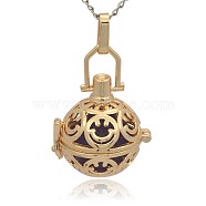 Golden Tone Brass Hollow Round Cage Pendants, with No Hole Spray Painted Brass Round Ball Beads, DarkSlate Blue, 35x25x21mm, Hole: 3x8mm(KK-J216-07G)