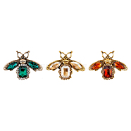 3Pcs 3 Colors Rhinestone Bee Brooch Pin, Antique Golden Alloy Animal Badge for Backpack Clothes, Mixed Color, 35x47x6.5mm, 1Pc/color(JEWB-FH0001-28)