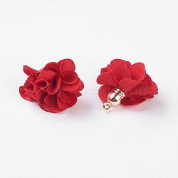 Cloth Pendant Decorations, with Acrylic Findings, Flower, Red, 25~30x28~35mm, Hole: 2mm(FIND-P026-D04)