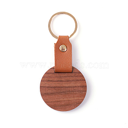 Wooden & Imitation Leather Pendant Keychain, with Iron Rings, Round, 11cm(PW23041898670)