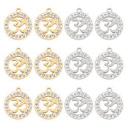 Unicraftale 12Pcs 2 Colors 201 Stainless Steel Pendants, with Polymer Clay Crystal Rhinestone, Flat Round with Aum/Ohm, Golden & Stainless Steel Color, 17x15x2mm, Hole: 1.2mm, 6pcs/color(STAS-UN0031-35)