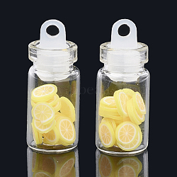 Handmade Polymer Clay Nail Art Decoration Accessories, with Glass Wishing Bottle and CCB Plastic Bottle Stopper, Lemon, Yellow, 4~8x4~8x0.1~2mm, about bottle: 27.5x11mm, hole: 3mm(MRMJ-N032-29)