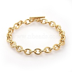 Vacuum Plating 304 Stainless Steel Cable Chain Bracelets, with Toggle Clasps, Golden, 8-5/8 inch(22cm), 8mm(BJEW-G618-04G)