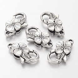 Antique Silver Flower Alloy Lobster Claw Clasps, 25x14mm, hole: 2mm(X-KK782)