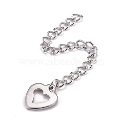 304 Stainless Steel Chain Extender, Curb Chain, with 202 Stainless Steel Charms, Hollow Heart, Stainless Steel Color, 66mm, Link: 3.7x3x0.5mm, Heart: 11x10x1mm(STAS-F268-55P)