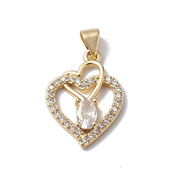 Brass Micro Pave Cubic Zirconia Pendants, Cadmium Free & Lead Free, Real 18K Gold Plated, Long-Lasting Plated, Interlocking Heart Charm, Clear, 21x15x3.5mm, Hole: 5x3mm