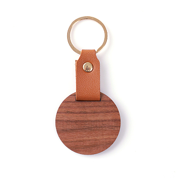 Wooden & Imitation Leather Pendant Keychain, with Iron Rings, Round, 11cm