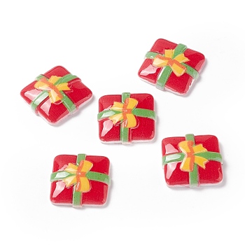 Christmas Themed Opaque Resin Cabochons, Square Gift Box, Red, 18.5x19x4.5mm