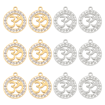 Unicraftale 12Pcs 2 Colors 201 Stainless Steel Pendants, with Polymer Clay Crystal Rhinestone, Flat Round with Aum/Ohm, Golden & Stainless Steel Color, 17x15x2mm, Hole: 1.2mm, 6pcs/color