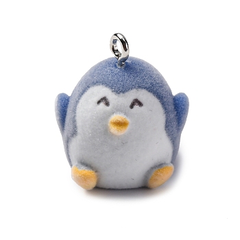 Flocky Resin Pendants, Penguin, with Platinum Iron Loop , Steel Blue, 25x22x21mm, Hole: 2.5mm