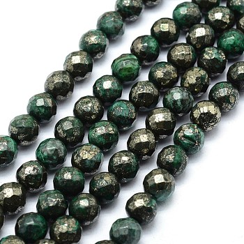 Dyed Natural Pyrite Beads Strands, Faceted, Round, Green, 8mm, Hole: 1mm, about 50pcs/strand, 15.7 inch(40cm)