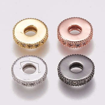 Brass Micro Pave Cubic Zirconia Bead Spacers, Flat Round, Clear, Mixed Color, 10x2mm, Hole: 3.5mm