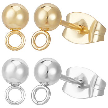 100Pcs 2 Style 304 Stainless Steel Round Ball Post Stud Earring Findings, with Horizontal Loops, 50Pcs Ear Nuts, Real 24K Gold Plated & Stainless Steel Color, 15~16x4~7mm, Hole: 1.5~2mm, Pin: 0.8mm, 50Pcs/style