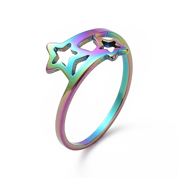 Ion Plating(IP) 201 Stainless Steel Double Star Finger Ring, Hollow Wide Ring for Women, Rainbow Color, US Size 6 1/2(16.9mm)