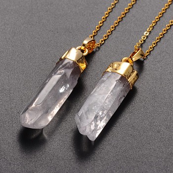 Brass Natural Crystal Pencil Pendant Necklaces, with Brass Chains and Spring Ring Clasps, 18 inch