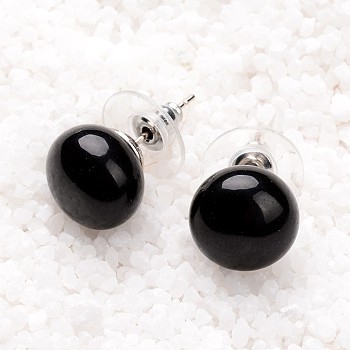 Black Agate Stud Earrings, with Platinum Tone Brass Findings, 21.5x12mm, Pin: 0.7mm