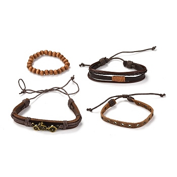 Bracelets Sets, including Adjustable PU Leather Cord Bracelets and Natural Wood Beaded Stretch Bracelets, with Alloy Findings, Motorbike, Mixed Color, Inner Diameter: 1-7/8~4 inch(4.8~10cm), 4pcs/set