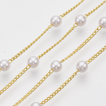 3.28 Feet Handmade Brass Chains, with Round ABS Plastic Imitation Pearl Beads, Soldered, Creamy White, Golden, 2x1.2x0.4mm