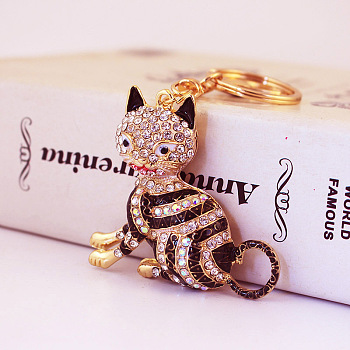 Fashion Rhinestones Enamel Sitting Cat Pendant Keychain, with Alloy Findings, for Car Bag Pendant Keychain, Black, 12cm