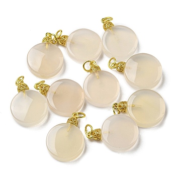 Natural White Agate Pendants, Flat Round Charms with Brass Jump Rings, Matte Gold Color, 21~22x15x5mm, Hole: 3mm