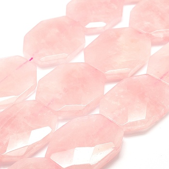 Natural Rose Quartz Beads Strands, Faceted, Oval, 44x34~35x9~11mm, Hole: 2mm, about 9pcs/strand, 15.7 inch(40cm)