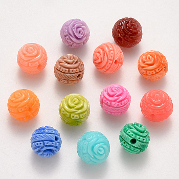 Synthetic Coral Beads, Dyed, Imitation Jade, Round Carved with Flower, Mixed Color, 10mm, Hole: 1.6mm