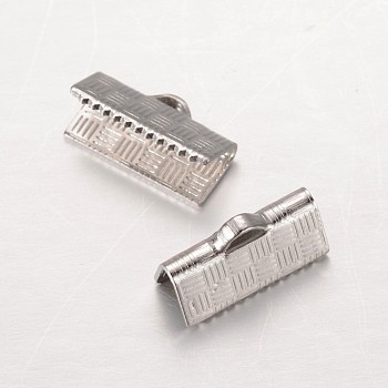 Rectangle 304 Stainless Steel Ribbon Crimp Ends, Stainless Steel Color, 5x13mm, Hole: 1x2.5mm