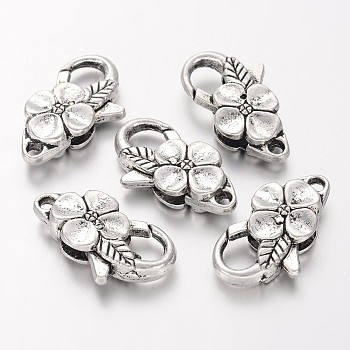 Antique Silver Flower Alloy Lobster Claw Clasps, 25x14mm, hole: 2mm