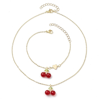 Cherry Lampwork Pendant Necklaces & Heart Link Bracelets Sets, Brass Jewelry for Women, Golden, Necklace: 15-1/2 inch(39.5cm), Bracelet: 7-3/8 inch(18.8cm)