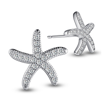 SHEGRACE Delicate Rhodium Plated 925 Sterling Silver Ear Studs, Micro Pave AAA Cubic Zirconia Starfish/Sea Stars, Clear, 11mm, Pin: 0.7mm