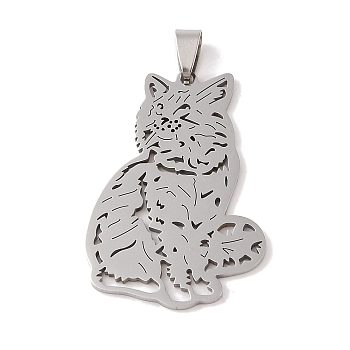 201 Stainless Steel Pendants, Stainless Steel Color, Hollow, Animal Charm, Cat Shape, 44.5x30x1.5mm, Hole: 4x7mm