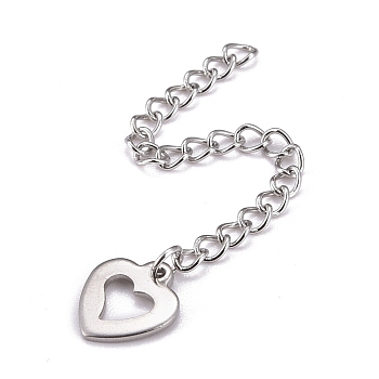 304 Stainless Steel Chain Extender, Curb Chain, with 202 Stainless Steel Charms, Hollow Heart, Stainless Steel Color, 66mm, Link: 3.7x3x0.5mm, Heart: 11x10x1mm