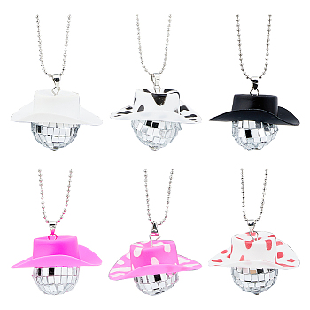 6Pcs 6 Style Plastic Cap with Glass Disco Ball Pendant Necklace, Platinum Iron Jewelry, Mixed Color, 28.54 inch(72.5cm), 1Pc/style