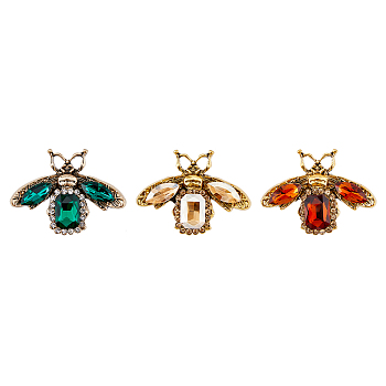 3Pcs 3 Colors Rhinestone Bee Brooch Pin, Antique Golden Alloy Animal Badge for Backpack Clothes, Mixed Color, 35x47x6.5mm, 1Pc/color