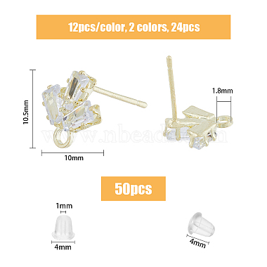 24Pcs 2 Color Brass Micro Pave Clear Cubic Zirconia Stud Earring Findings(KK-FH0004-79)-2