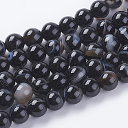 Round Dyed Natural Striped Agate/Banded Agate Beads Strands, Black, 6mm, Hole: 1mm, about 62pcs/strand, 14.8 inch(G-G582-6mm-07)