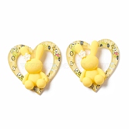 Printed Opaque Acrylic Pendants, with Resin Cabochons, Heart with Rabbit, Yellow, 37.5x37.5x9mm, Hole: 1.5mm(MACR-F071-05A)