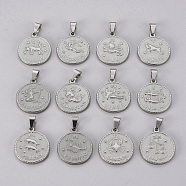 304 Stainless Steel Pendant Sets, Flat Round with Twelve Constellation/Zodiac Sign, Stainless Steel Color, 29x25x3.2mm, Hole: 9x4.5mm, 12pcs/set(STAS-H372-01P)