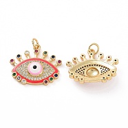 Brass Micro Pave Colorful Cubic Zirconia Pendants, with Enamel and Jump Ring, Real 18K Gold Plated, Eye Charms, Pink, 19.5x23x5.5mm, Jump Ring: 5x0.8mm, Inner Diameter: 3.2mm(KK-E068-VF018)