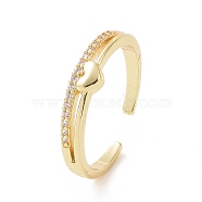 Clear Cubic Zirconia Heart Open Cuff Ring, Brass Jewelry for Women, Golden, Inner Diameter: 16mm(RJEW-E072-15G)