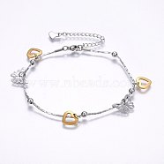 304 Stainless Steel Charm Bracelets, with Lobster Claw Clasps, Heart and Butterfly, Golden & Stainless Steel Color, 8-5/8 inch(22cm), 1.2mm, Charms: 10.5x11~15x0.6~1.2mm(STAS-O099-03GP)