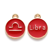 Alloy Enamel Pendants, Cadmium Free & Lead Free, Flat Round with Constellation, Light Gold, Red, Libra, 22x18x2mm, Hole: 1.5mm(X-ENAM-S124-01A-07K)
