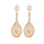 Brass Micro Pave Clear Cubic Zirconia Stud Earring Findings, for Half Drilled Beads, Nickel Free, Badminton Racket, Real 18K Gold Plated, 27.5x9.5mm, Pin: 0.6mm, pin: 0.6mm(for half drilled beads)(KK-S364-057)