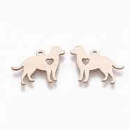 201 Stainless Steel Puppy Charms, Dog with Heart, Rose Gold, 13x18x1mm, Hole: 1.4mm(STAS-S079-120RG)
