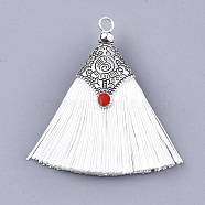 Polyester Tassel Pendant Decorations, with Alloy Findings and Enamel, Fan Shape, Antique Silver, White, 45~50x40~44x7~10mm, Hole: 2.5mm(X-FIND-T036-01U)