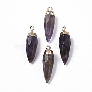 Top Golden Plated Natural Amethyst Pointed Pendants, with Iron Loops, Faceted, Bullet, 25~26x7~8mm, Hole: 1.8mm(X-G-S359-078F)