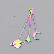 Ion Plating(IP) 201 Stainless Steel Pendants, Laser Cut, Moon, Star & Planet, Rainbow Color, 42x31x1mm, Hole: 1.8mm(STAS-S105-LA582)